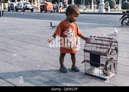 Ein Kind, das mit Wunschvögeln spielt, in Käfigen in der Nähe von Schreinen gehalten, ein Ritual, das „Auflösen“ genannt wird Stockfoto