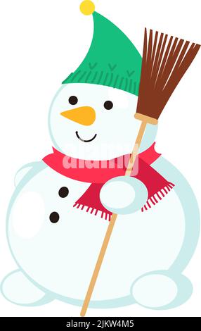 Niedliche Schneemann-Ikone. Winterschneeharakter mit Besen Stock Vektor