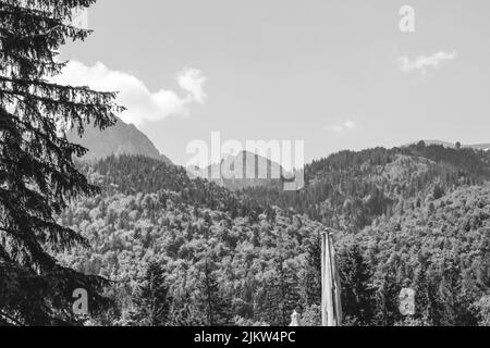 Eine Graustufenaufnahme der Berge gegen den Himmel. Polen. Stockfoto