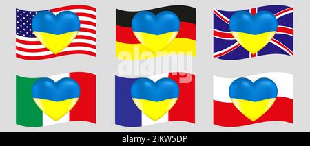 Vektorzeichnung Volumen Herz in den Farben der ukrainischen Flagge mit Hervorhebungen auf Hintergrund Flaggen Länder Europa und USA Stock Vektor