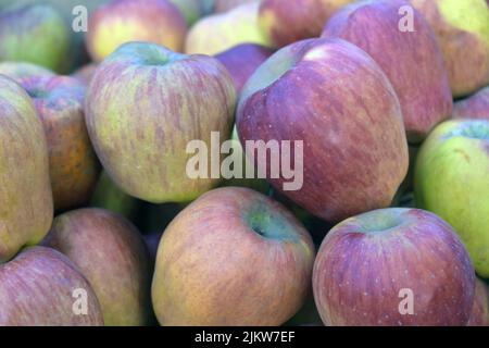 Eine Menge roter und gelber Apfel auf der Papierkiste, die auf dem Markt oder Geschäft oder Geschäft für Händler oder Kunden oder Unternehmen, schöne und frische große AP ist Stockfoto