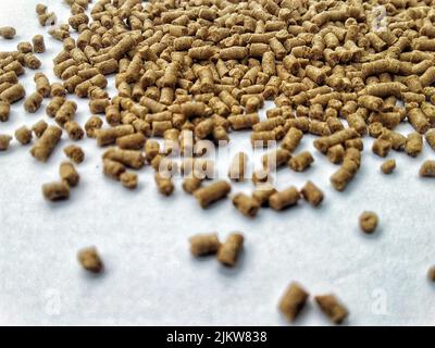 Nahaufnahme eines Stapels getrockneter Holzpellets auf weißem Hintergrund Stockfoto