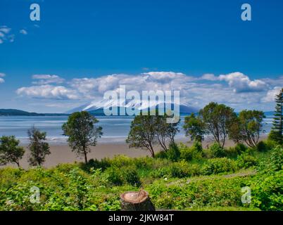 Ein natürlicher Blick auf die Skagit Grafschaft und die Berglandschaft über die Bucht im Sommer Stockfoto