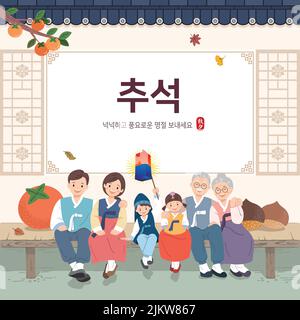 Koreanisches Danksagungs-Event-Design. Eine große Familie in hanbok sitzt in einem traditionellen Hanok. Thanksgiving, Frohe Feiertage, Koreanische Übersetzung. Stock Vektor