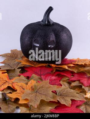 Ein böser grinsender schwarzer Kürbis auf bunten Herbstblättern, isoliert auf weißem Hintergrund Stockfoto