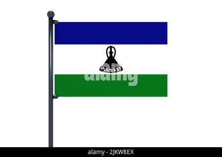 3D Abbildung der Flagge von Lesotho mit verchromtem Fahnenmast mit Karabinerhaken in blauem Himmel gerade. Weißer Hintergrund über einen Alphakanal von precisio Stockfoto