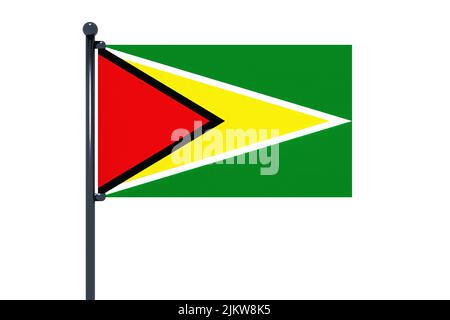 3D Abbildung der Flagge von Guyana mit verchromtem Fahnenmast mit Karabinerhaken in blauem Himmel gerade. Weißer Hintergrund durch einen Alpha-Kanal von großer Präzision Stockfoto