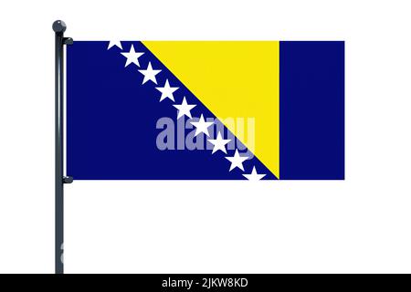 3D Abbildung der Flagge von Bosnien und Herzegowina mit verchromtem Fahnenmast mit Karabinerhaken in blauem Himmel gerade. Weißer Hintergrund über einen Alphakanal von Stockfoto