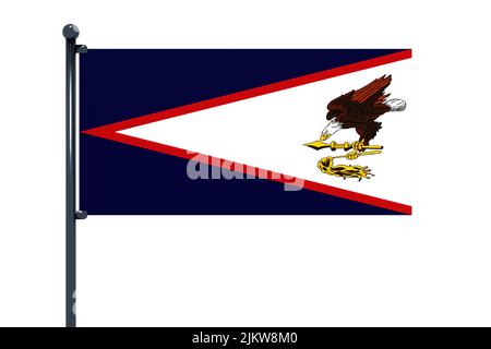 3D Abbildung der Flagge von Amerikanisch-Samoa mit Chrom-Fahnenstange mit Karabinerhaken in blauem Himmel gerade. Weißer Hintergrund durch einen Alphakanal von großem p Stockfoto