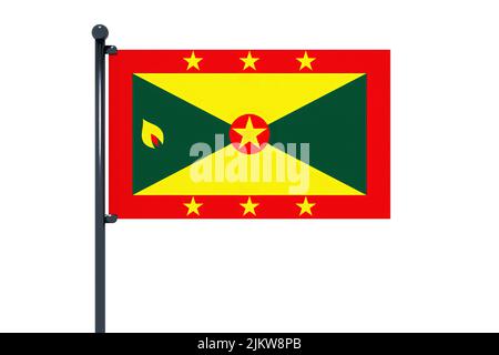 3D Abbildung der Flagge von Grenada mit verchromtem Fahnenmast mit Karabinerhaken in blauem Himmel gerade. Weißer Hintergrund über einen Alphakanal von precisio Stockfoto