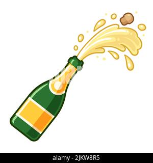Die Champagnerflasche öffnet sich mit Kork und Schaumstoff, der herausfliegt. Cartoon-Vektor-Symbol, einfache Clip Art Illustration. Stock Vektor
