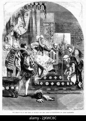 The Dismission of the Earl of Murray (Moray) and the Abt of Kilwinning von Queen Elizabeth, Illustration from the Book, „John Cassel’s Illustrated History of England, Volume II“, Text von William Howitt, Cassell, Petter und Galpin, London, 1858 Stockfoto