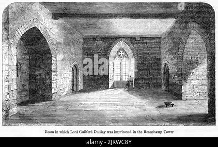 Zimmer, in dem Lord Guilford Dudley im Beauchamp Tower inhaftiert war, Illustration aus dem Buch, „John Cassel’s Illustrated History of England, Volume II“, Text von William Howitt, Cassell, Petter und Galpin, London, 1858 Stockfoto