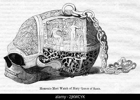 Memento Mori Watch of Mary Queen of Scots, Illustration aus dem Buch, „John Cassel’s Illustrated History of England, Volume II“, Text von William Howitt, Cassell, Petter und Galpin, London, 1858 Stockfoto