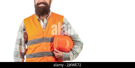 Porträt eines Baumeisters, der lächelt. Arbeiter in Bauuniform. Baumeister, Industrie Stockfoto