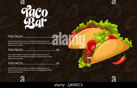 Menü Taco Typografie Mexikanisches Essen mit handgezeichneten Schriftzügen. Cartoon Fast Street Food isoliert. Vektorgrafik. Stock Vektor