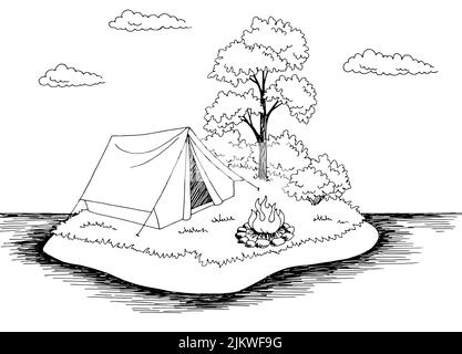 Insel Camping Grafik schwarz weiß Landschaft Skizze Illustration Vektor Stock Vektor