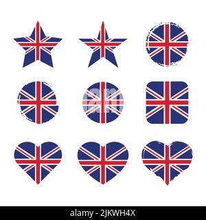 UK-Vektorkreis und Herzflagge gesetzt. Vereinigtes Königreich trocken Pinsel und Grunge-Effekt Stempel Flaggen. Stock Vektor
