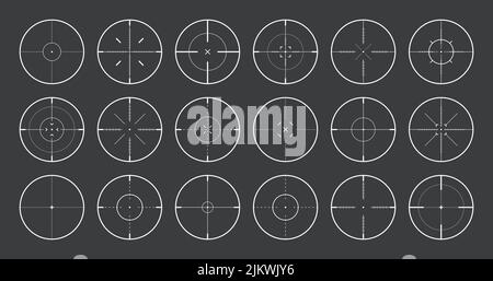 Verschiedene Scharfschützengewehr Visiere, Waffe optischen Scope Fadenkreuz. Sucher für Jagdwaffen. Symbol für das Aufschießzeichen, zielen. Militärisches Zielschild. Spieloberfläche Stock Vektor