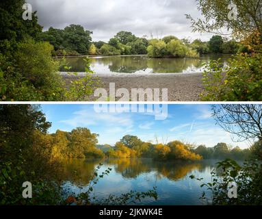 Der abgereicherte Cemetery Lake am Southampton Common im August 2022 nach dem trockensten Juli seit 1935 (oben). Das untere Bild zeigt den üblichen Wasserstand. Stockfoto