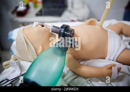 Kontinuierliche Schulung von Hebammen und Geburtshelfern zur Reanimation im Geburtsraum mit einer Schaufensterpuppe. Stockfoto