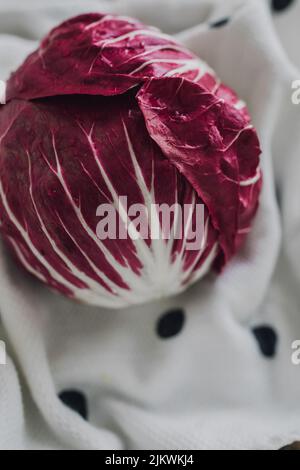 Der ganze Kopf von Radicchio auf weißem und schwarzem Tuchentuch Stockfoto