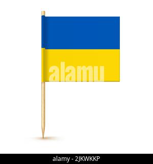 Ukraine Zahnstocher Flagge isoliert auf Holzstock mit weißem Papier. Realistische kleine Zahnstocher für das Mittagessen. Vektor-Cocktail-Dekoration. Stock Vektor