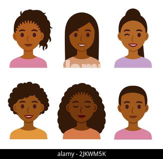 Schwarze Frauen mit verschiedenen Frisuren. Natürliches afrikanisches Haar und aufgebogene Stile. Niedliche Cartoon Vektor Clip Art Illustration Set. Stock Vektor