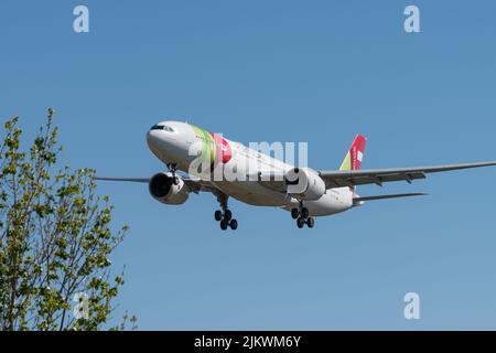 Der Airbus A330-941 der Fluggesellschaft TAP Air Portugal nähert sich der Start- und Landebahn am Flughafen Lissabon Stockfoto