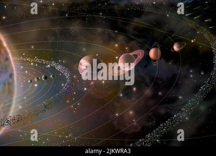 Sonnensystem mit seinen neun Planeten (Merkur, Venus, Erde, Mars, Jupiter, Saturn, Uranus, Neptun, Pluto) und der Sonne. Stockfoto