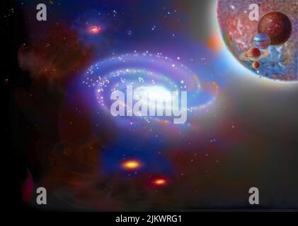 Milchstraße in der Mitte und Skala verschiedener Sterne (Rote Zwerge, Sonne) Auf der rechten Seite. Stockfoto