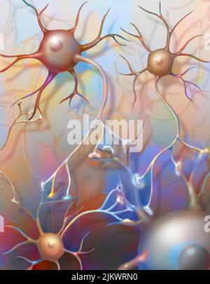 Verbundene Neuronen, die die Übertragung von Nervenimpulsen zeigen. Stockfoto
