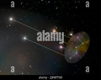 Sternbild Cassiopeia auf einer Karte und wie es im Weltraum angeordnet ist. Stockfoto