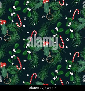 Christbaumzweige und Beeren, Zuckerrohr nahtloses Muster. Winterurlaub blau Wrap Papier-Design Stock Vektor