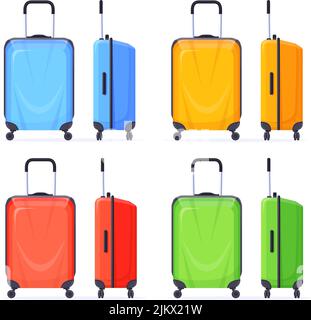 Kofferräder aus Kunststoff. Tourismus Reise Handle Tasche, Gepäck Rad Trolley Flughafen großen Zip-Gepäck, reisen Hotel Polycarbonat Koffer tragen, ordentlich Vektor-Illustration von Gepäck und Koffer Stock Vektor