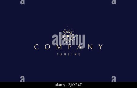 Vektor goldenes Logo-Design, auf dem ein abstraktes Bild eines Dandelions in Form einer Sonne vor dem Hintergrund von Sternen. Stock Vektor