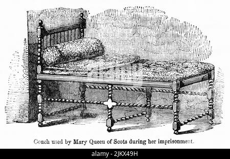 Couch, die von Mary Queen of Scots während ihrer Haft verwendet wurde, Illustration aus dem Buch, „John Cassel’s Illustrated History of England, Volume II“, Text von William Howitt, Cassell, Petter und Galpin, London, 1858 Stockfoto