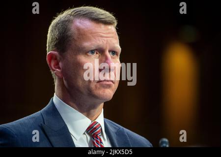 Washington, Vereinigte Staaten Von Amerika. 03. August 2022. D. Michael Hurst, Jr., ehemaliger Staatsanwalt der Vereinigten Staaten, Southern District of Mississippi, erscheint am Mittwoch, den 3. August 2022, im Hart Senate Office Building in Washington, DC, vor einem Senatsausschuss für die Gerichtsverhandlung, um den Schutz der Frontmitarbeiter unserer Demokratie zu untersuchen. Quelle: Rod Lampey/CNP/Sipa USA Quelle: SIPA USA/Alamy Live News Stockfoto