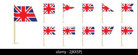 United Kindom Zahnstocherflagge isoliert auf Holzstab mit weißem Papier. Großbritannien realistische kleine Zahnstocher für das Mittagessen. Vektor-Cocktail-Dekoration. Stock Vektor