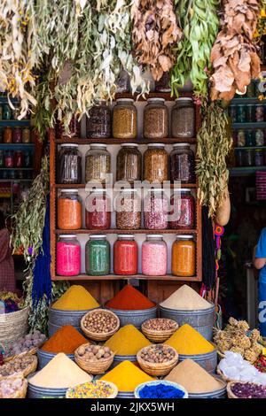 Verschiedene helle Farben Gewürze in Glas Empfänger in einer Reihe in einem Gewürzmarkt Shop in Marrakesch, Marokko Stockfoto