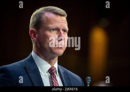 Washington, Vereinigte Staaten Von Amerika. 03. August 2022. D. Michael Hurst, Jr., ehemaliger Staatsanwalt der Vereinigten Staaten, Southern District of Mississippi, erscheint am Mittwoch, den 3. August 2022, im Hart Senate Office Building in Washington, DC, vor einem Senatsausschuss für die Gerichtsverhandlung, um den Schutz der Frontmitarbeiter unserer Demokratie zu untersuchen. Quelle: Rod Lampey/CNP/Sipa USA Quelle: SIPA USA/Alamy Live News Stockfoto