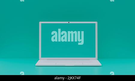 Bild des Laptops weiß, grüner Hintergrund 3D Rendering Stockfoto