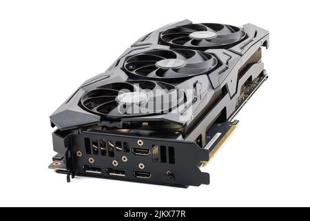 Große schwarze moderne Gaming-Grafikkarte auf weißem Hintergrund isoliert Stockfoto