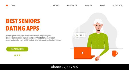 Eine alte Frau benutzt einen Laptop. Nette ältere weibliche Figur sitzt und Dating-Apps, Social Media. Kommunizieren Sie im Netz für ältere Menschen. Landing-Page-Website Stock Vektor