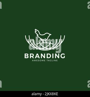 Ein Monoline-Logo-Design eines Vogels, der auf einem Nest steht, mit einem bearbeitbaren Text Stock Vektor