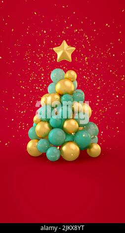 Ein Weihnachtsbaum aus Kugeln und einem Stern auf der Oberseite mit goldenem Glitzer isoliert auf rotem Hintergrund Stockfoto