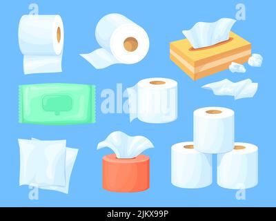 Cartoon-Papiertuch. Papieren Tissue-Box wc-Rolle, flach Servietten für Nase wischen, nass Sanitär-Wrap Serviette sauber Küche Haushalt verwendet Bad Hygiene ordentlich Vektor-Illustration. Papierrolle weiß Stock Vektor