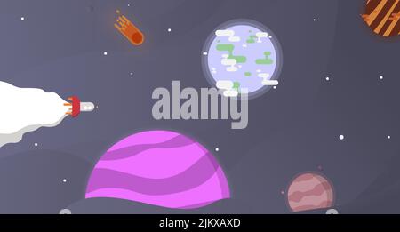 Ein buntes Banner einer blauen Galaxie mit einer Cartoon-Rakete, die eine weiße Spur hinterlässt, ist ein farbenfrohes Weltraumposter. Stock Vektor