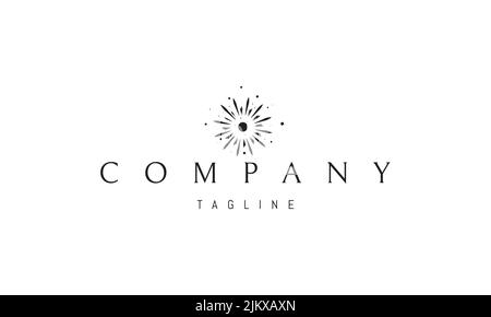 Vektor-Logo-Design, auf dem ein abstraktes Bild eines Dandelions in Form einer Sonne vor dem Hintergrund von Sternen. Stock Vektor
