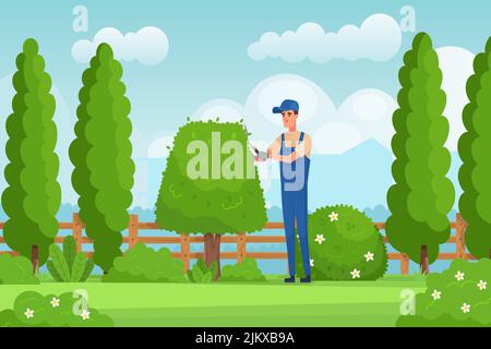 Mann beschneidet Hecke. Gärtner mit Schere Pflaume Bäume schneiden Garten Hecken, Garten Wartung Cartoon Arbeiter Schnitt Strauch Landschaftsbau Pflanze, neoterische Vektor-Illustration des Menschen Pflege für Pflanze Stock Vektor